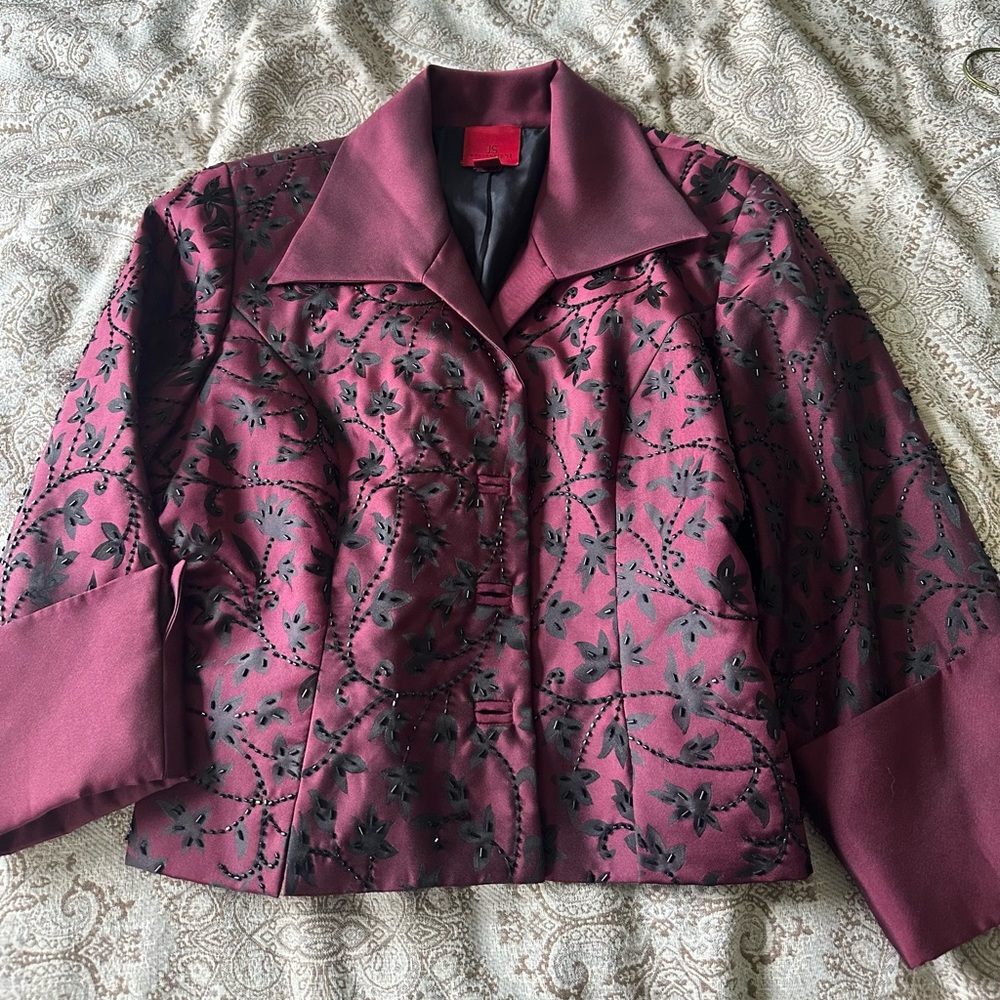 JS Collections Red and Black Blazer with Intricate Pattern